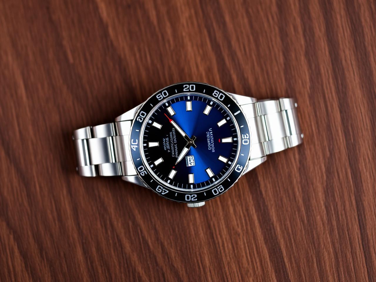Alpina - GMT watch with blue bezel on walnut